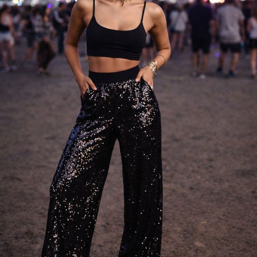 NY&C Black Sequin Wide Leg Pants NWT Size M Sparkle Disco Party